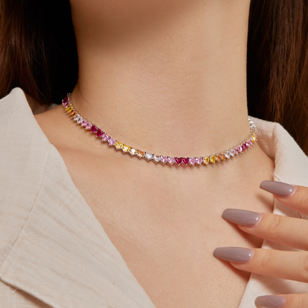 [Regalia jewelry]Sparkling Colorful Full Heart Tennis Necklace