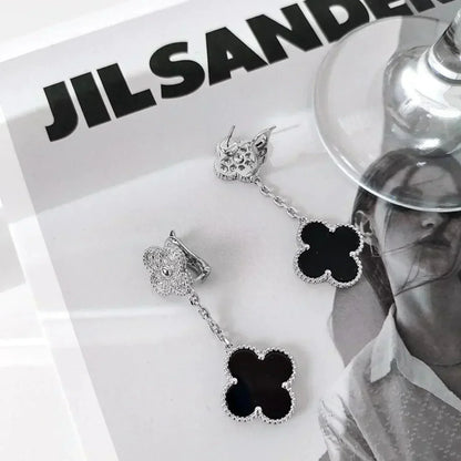 [Regalia jewelry]CLOVER 2 MOTIFS  DIAMOND ONYX EARRINGS SILVER