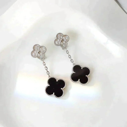 [Regalia jewelry]CLOVER 2 MOTIFS  DIAMOND ONYX EARRINGS SILVER