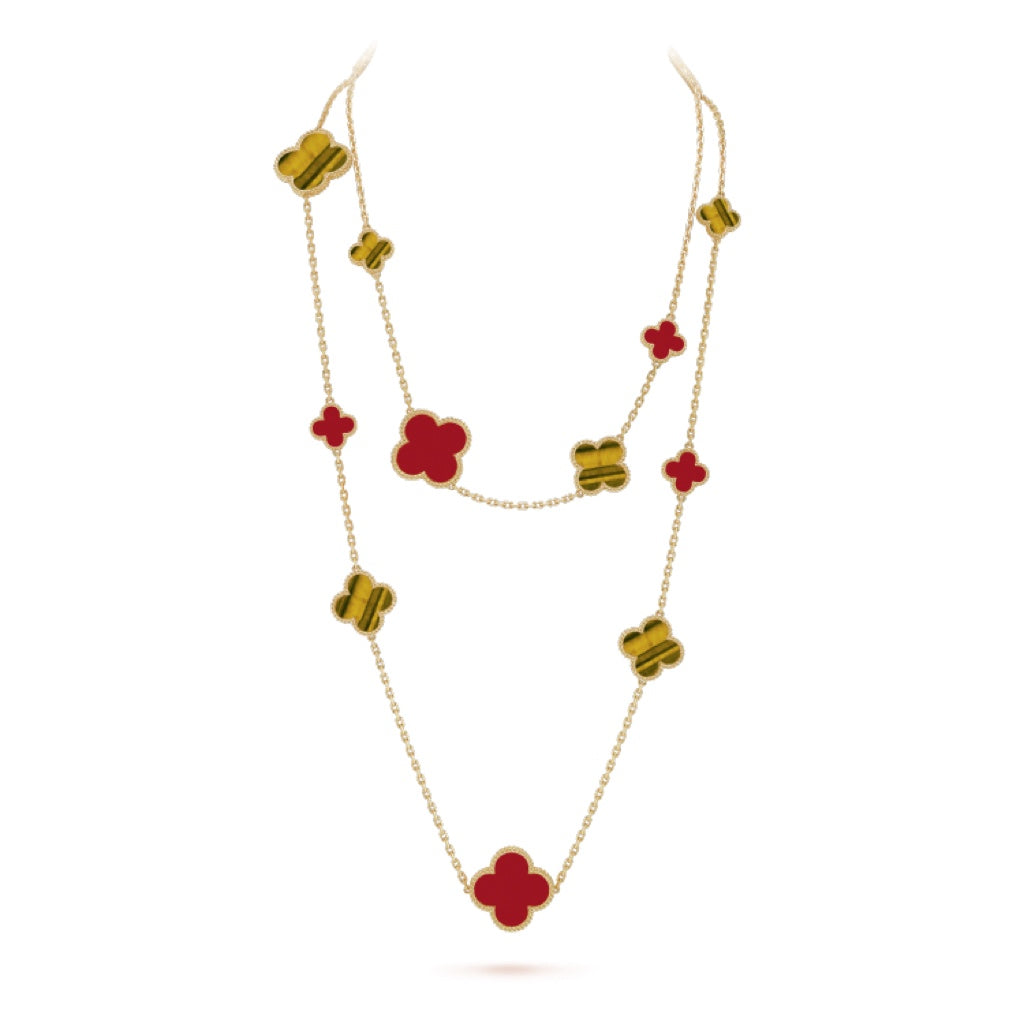 [Regalia jewelry]CLOVER 16 MOTIF CARNELIAN TIGER EYE ROSE GOLD NECKLACE