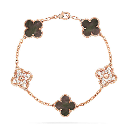 [Regalia jewelry]CLOVER 5 MOTIFS DARK MOP AND DIAMONDS PINK GOLD BRACELET