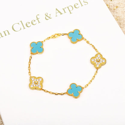 [Regalia jewelry]CLOVER 5 MOTIF TURQUOISE DIAMOND GOLD BRACELET