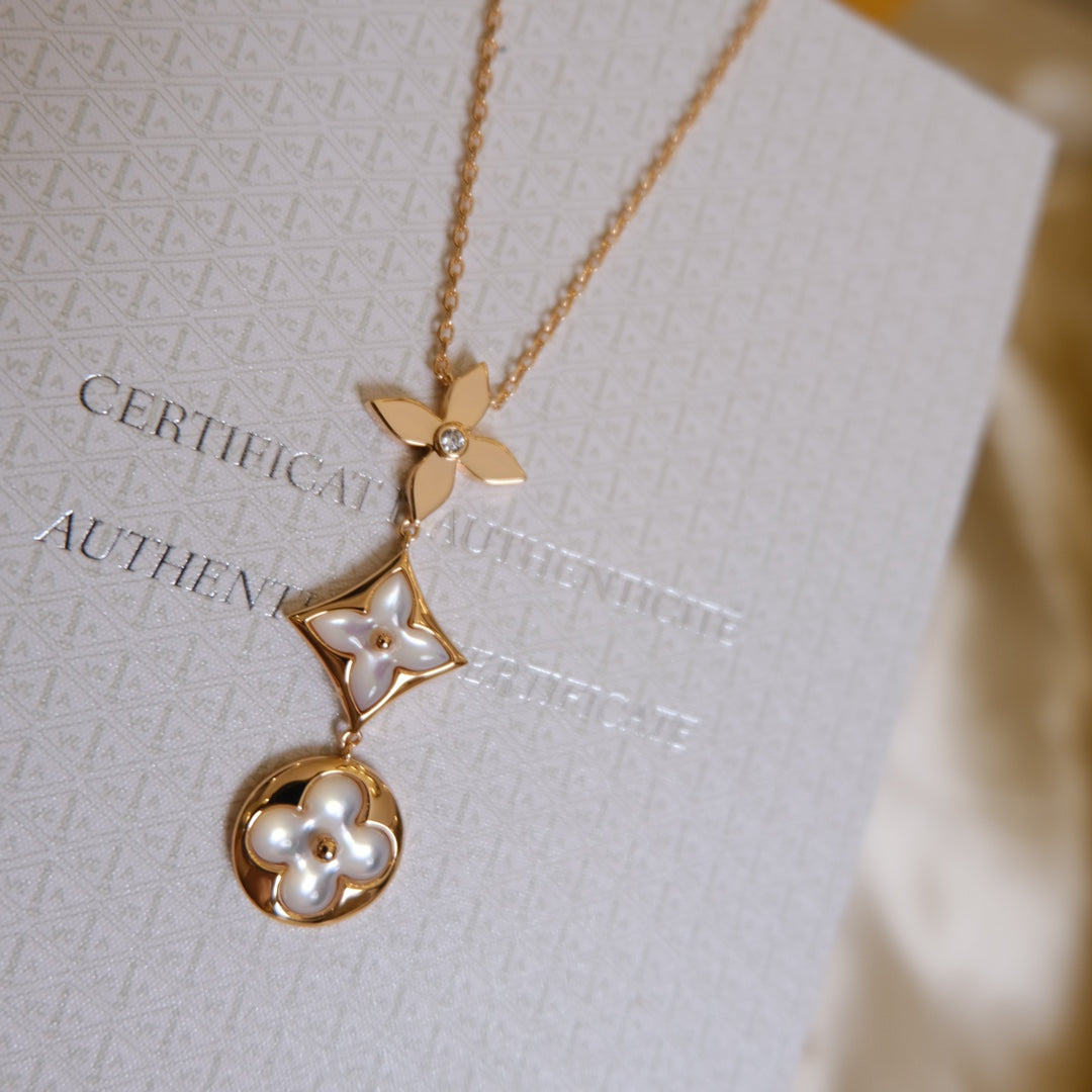 [Regalia jewelry]COLOR BLOSSOM LARIAT NECKLACE PINK GOLD WHITE MOTHER PEARL AND DIAMOND