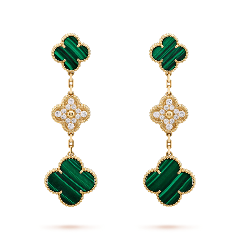 [Regalia jewelry]CLOVER EARRINGS GOLD MALACHITE DIAMOND 3 MOTIF
