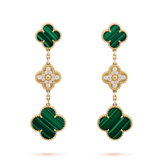 [Regalia jewelry]CLOVER EARRINGS GOLD MALACHITE DIAMOND 3 MOTIF