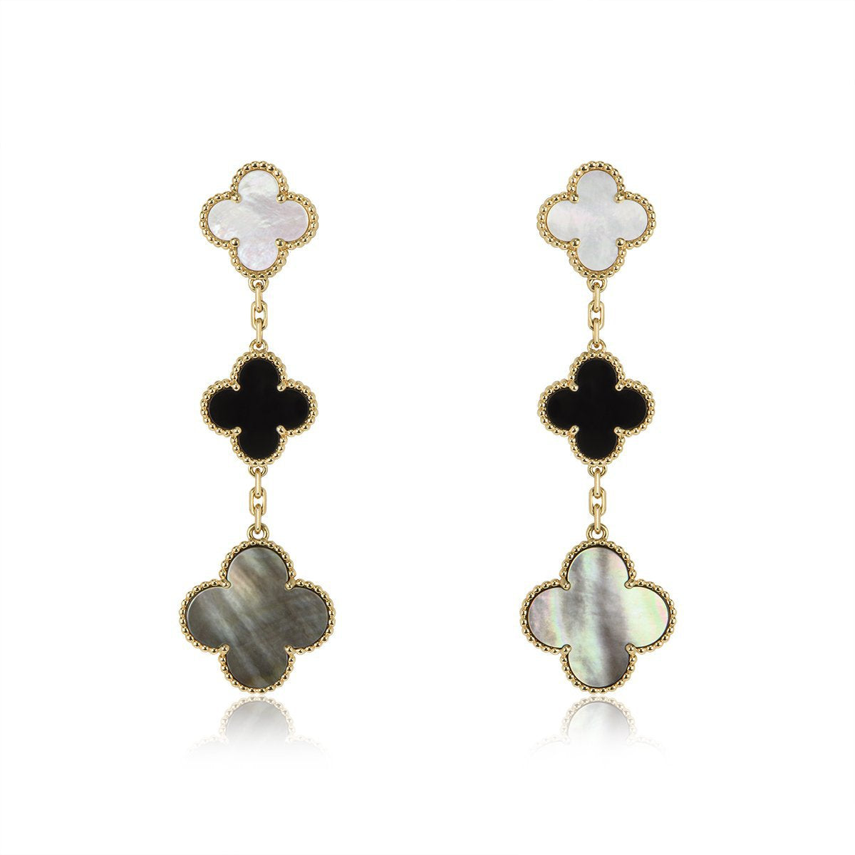 [Regalia jewelry]CLOVER EARRINGS GOLD ONYX MOP 3 MOTIF